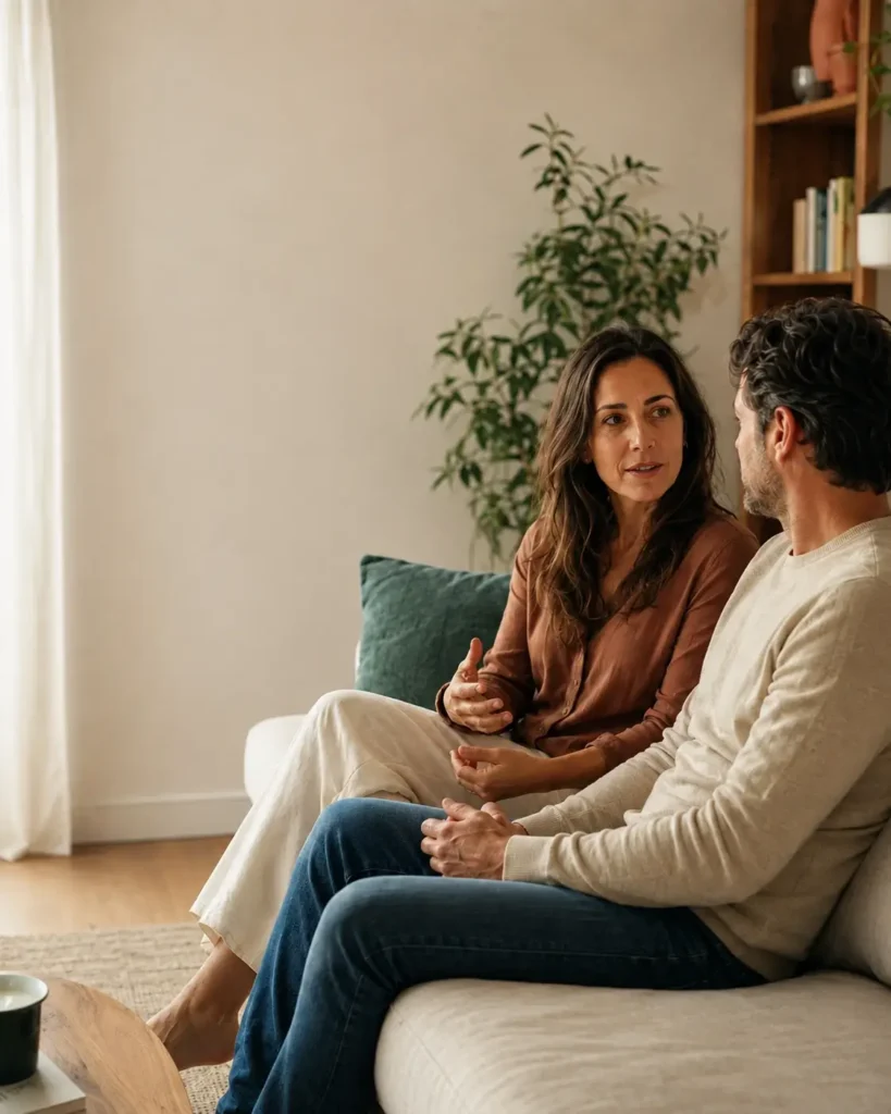 Casal adulto em conversa atenta numa sala acolhedora — psicologia do casal na Emmente