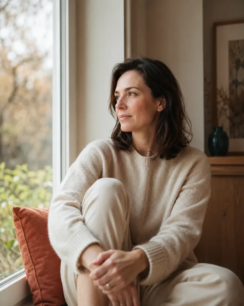 Mulher adulta num momento de reflexão junto a uma janela — Psicologia para adultos