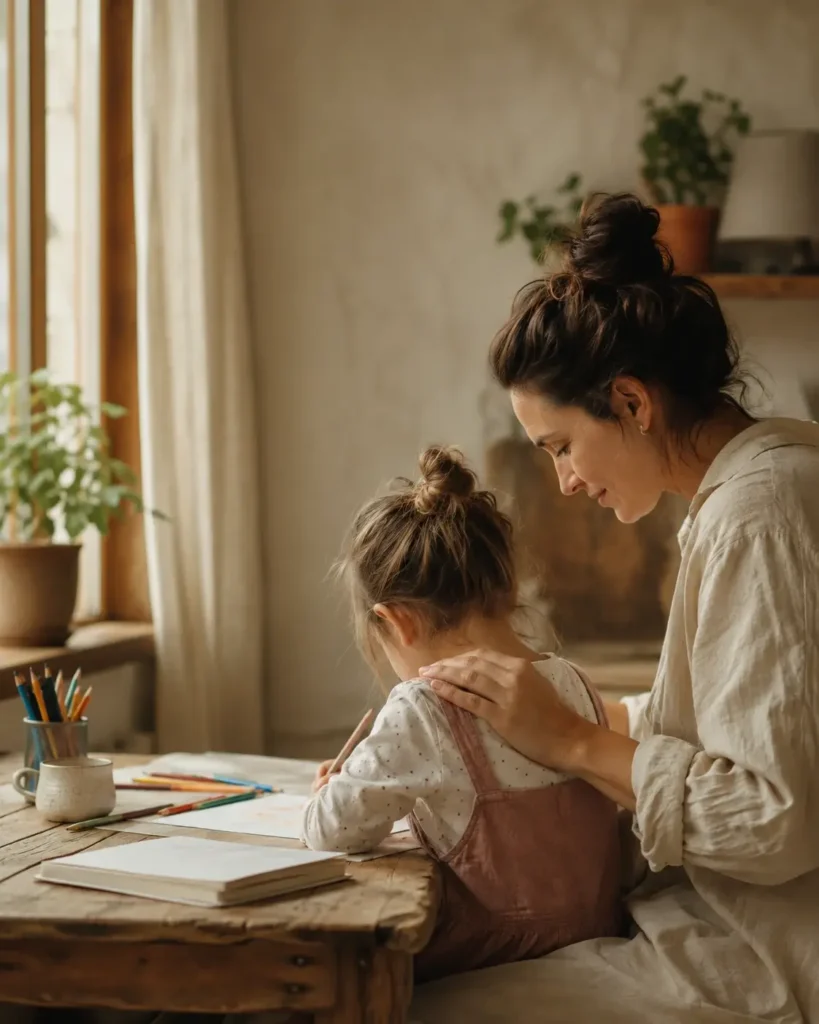 Mãe acompanha a filha enquanto desenha à mesa, num momento de cuidado ligado à psicologia infantil e do adolescente